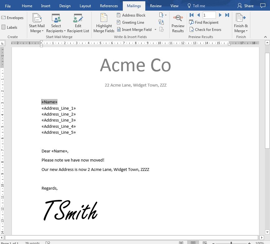 MS Word Mail Merge Document
