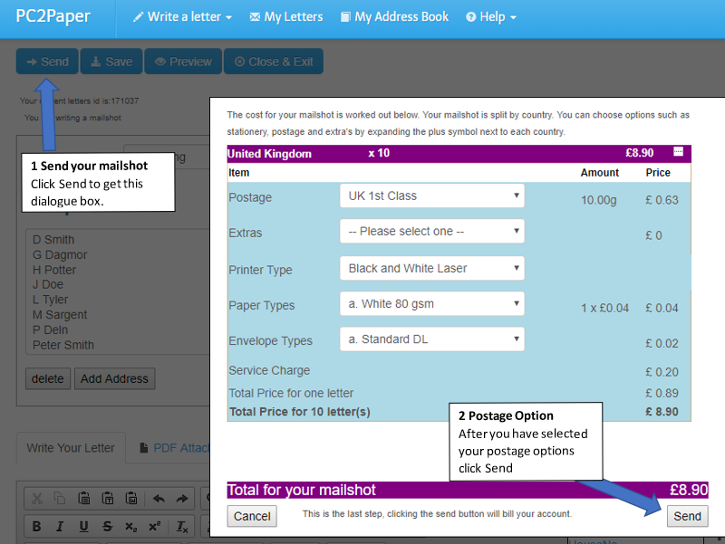 Mailshot postage options