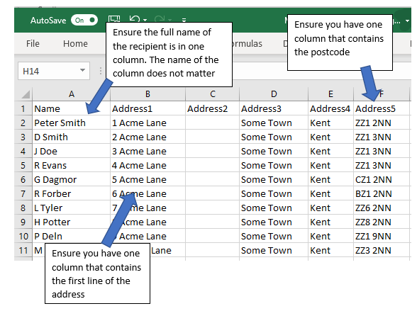 Shows columns on spreadsheet required for uploading to your addressbook