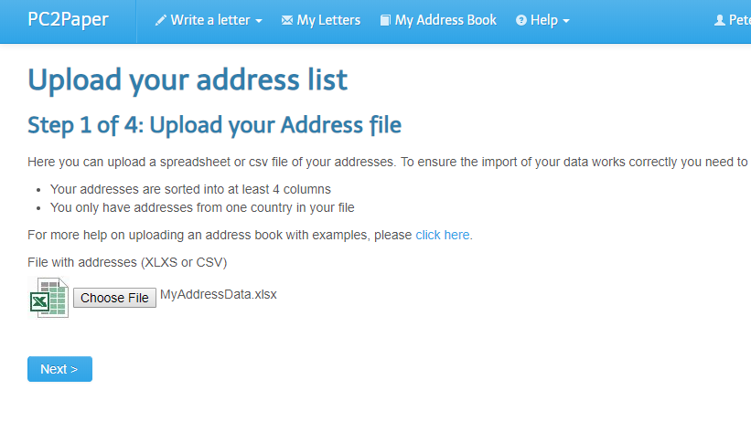 Selecting your spreadsheet or csv file